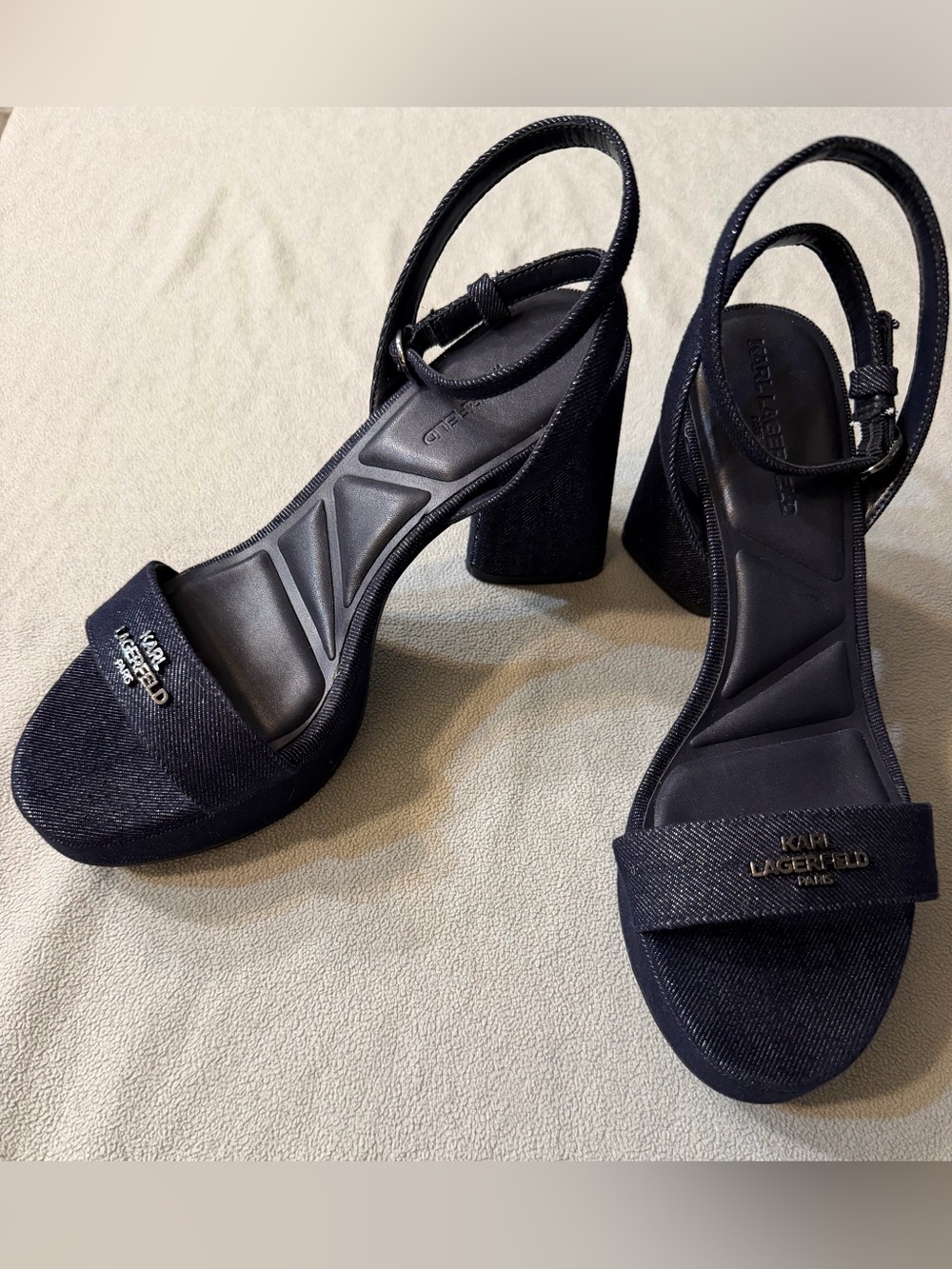 Karl Lagerfeld Black Blue Denim Block Heel Sandals with Silver Logo